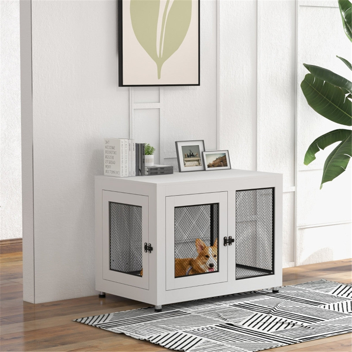 Stylish Dual-Function Dog Crate & Nightstand with Soft Cushion - Large Pets