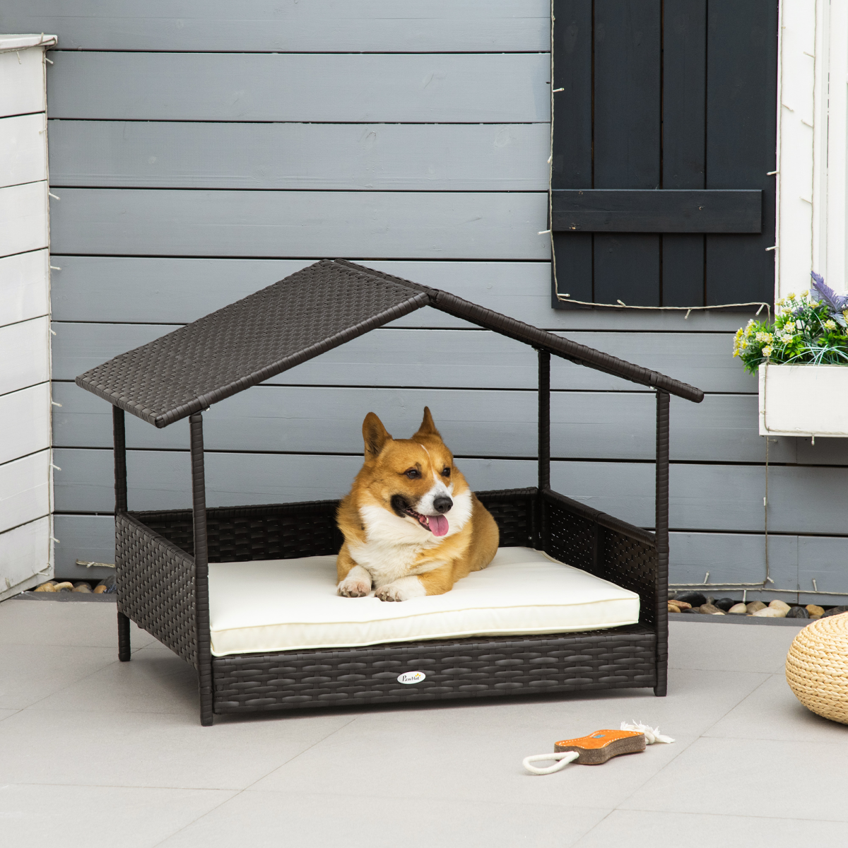 PawHut Cozy Wicker Pet Bed: Stylish Canopy Dog House with Soft Cushion