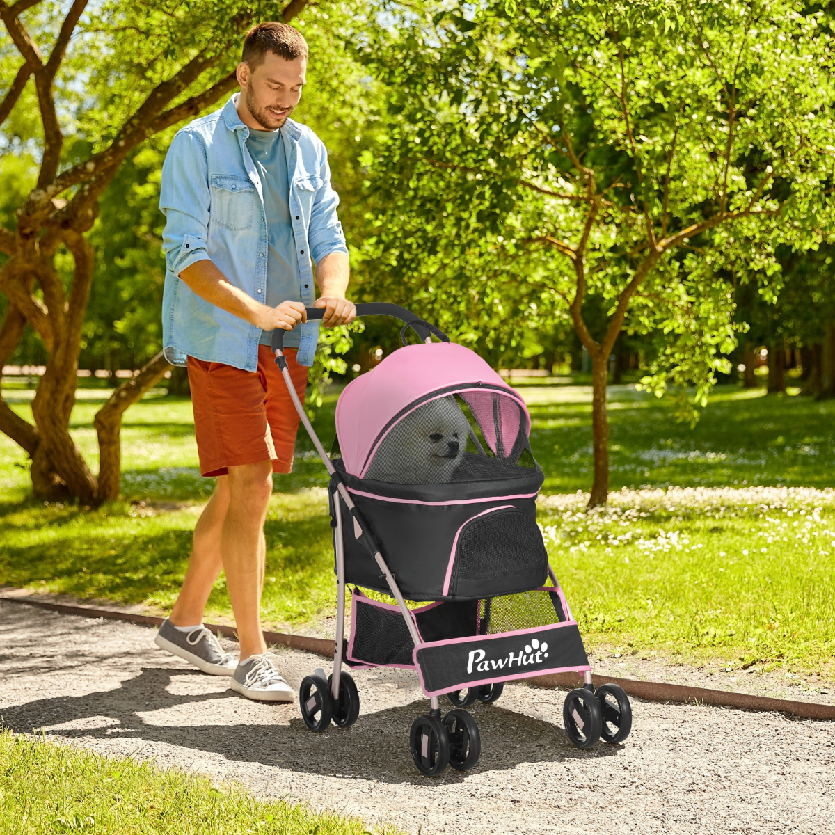PawHut 3-in-1 Pink Pet Stroller: Travel Carriage for Dogs & Cats