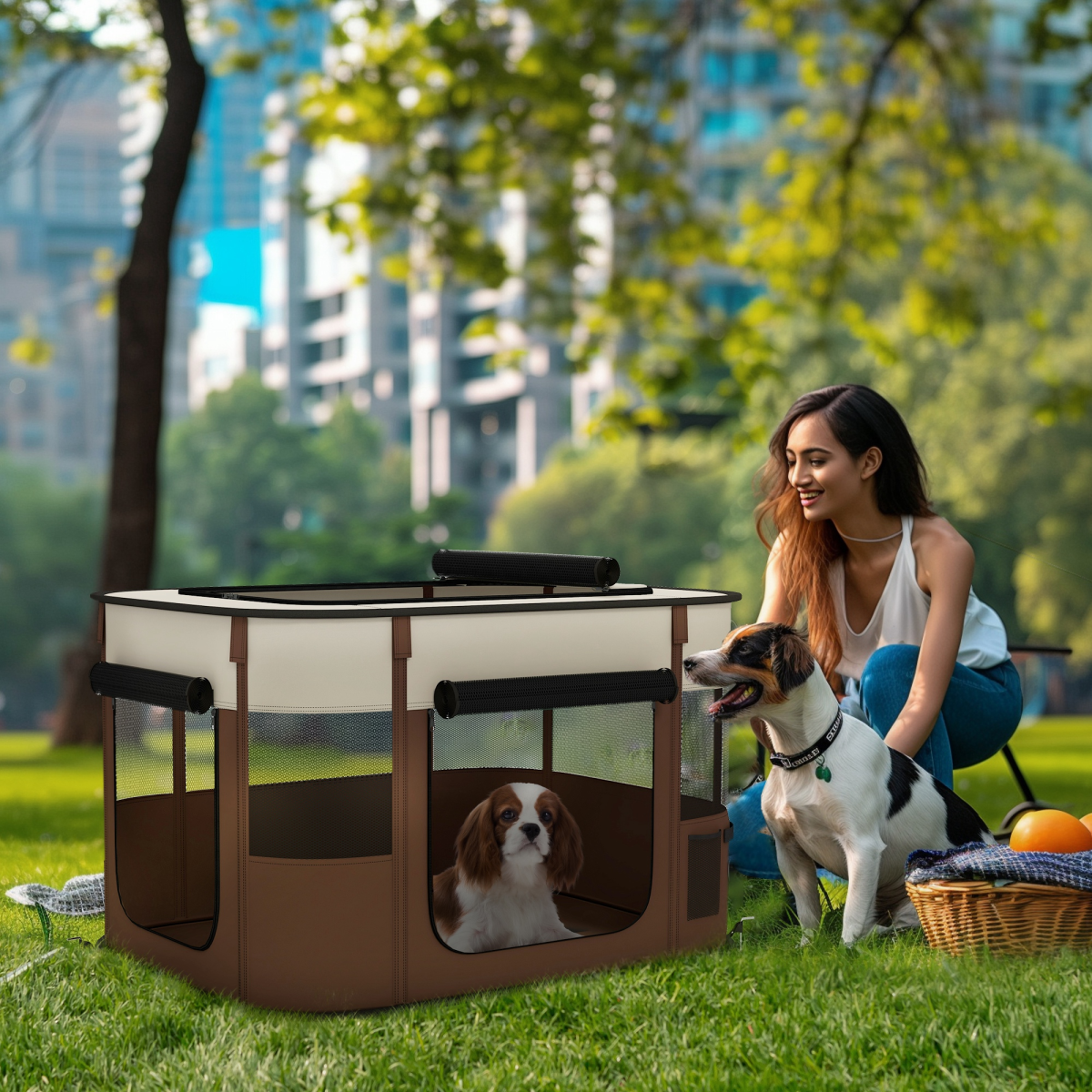 PawHut Portable Pet Playpen for Puppies, Kittens & Small Animals - Brown