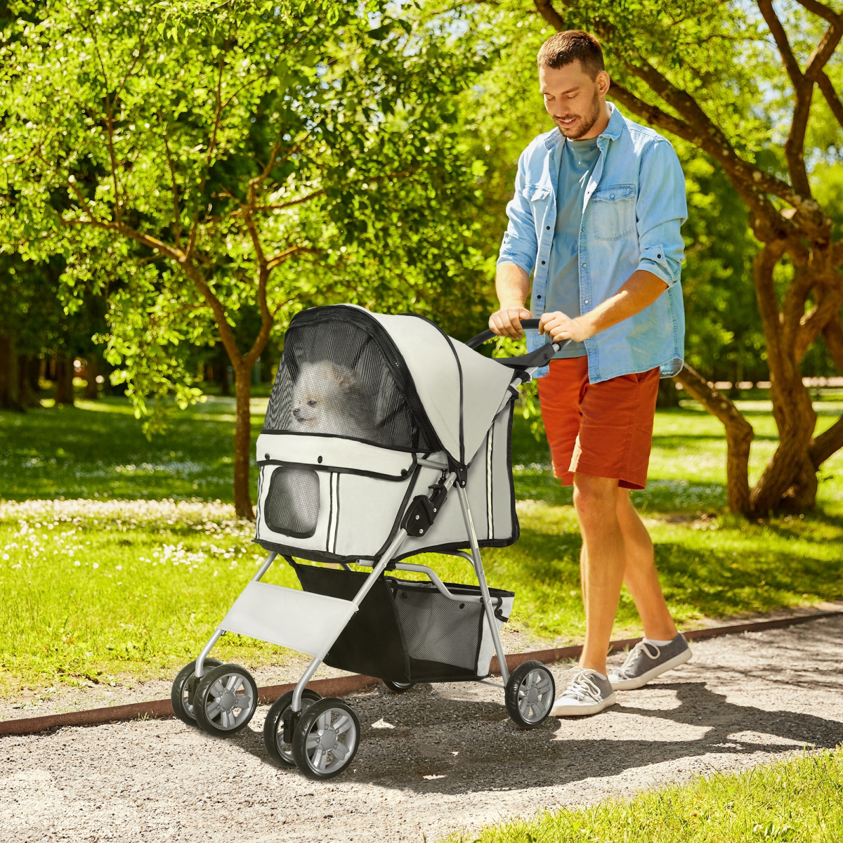 Premium Pet Stroller: Foldable Dog & Cat Carrier with Cup Holder - Grey