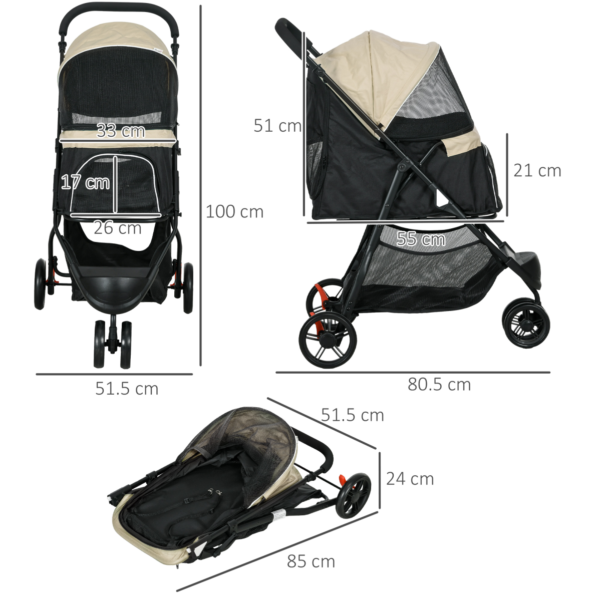 PawHut Khaki Pet Stroller with Rain Cover for Small Dogs & Cats - Adventure Ready!