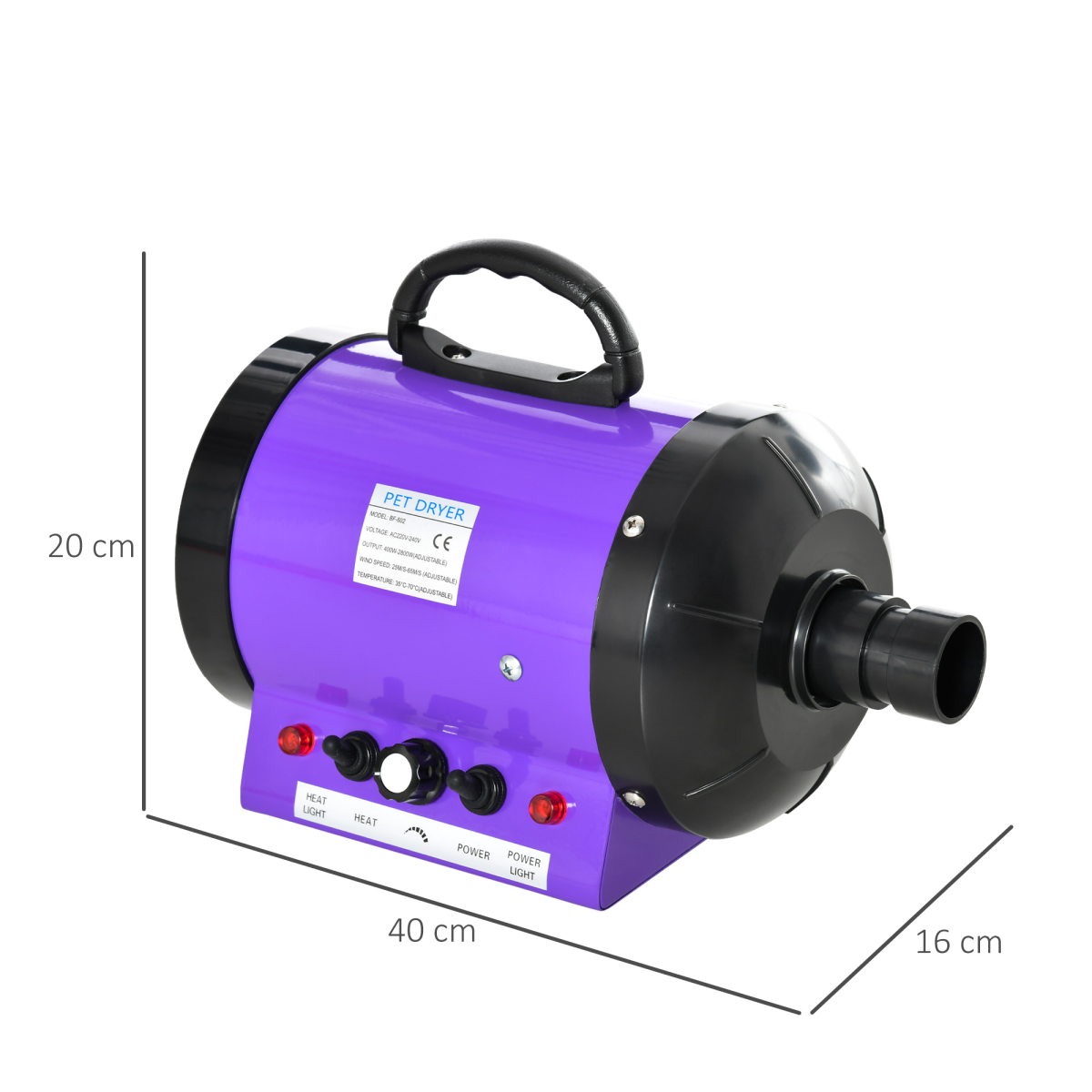 2800W PawHut Pet Hair Dryer - Fast, Adjustable Grooming Blaster with 3 Nozzles
