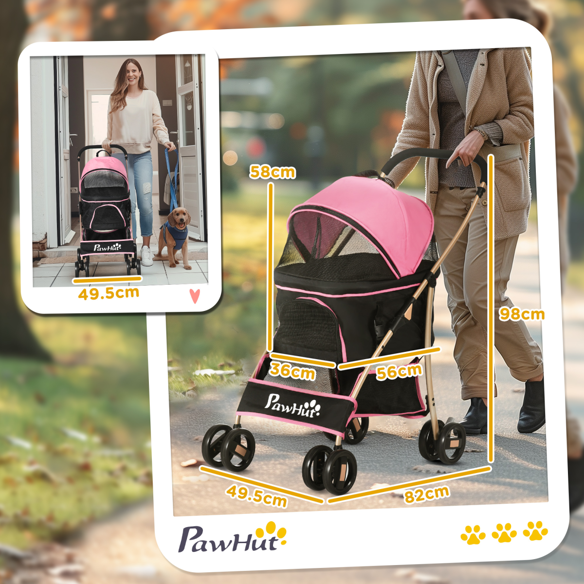 PawHut 3-in-1 Pink Pet Stroller: Travel Carriage for Dogs & Cats