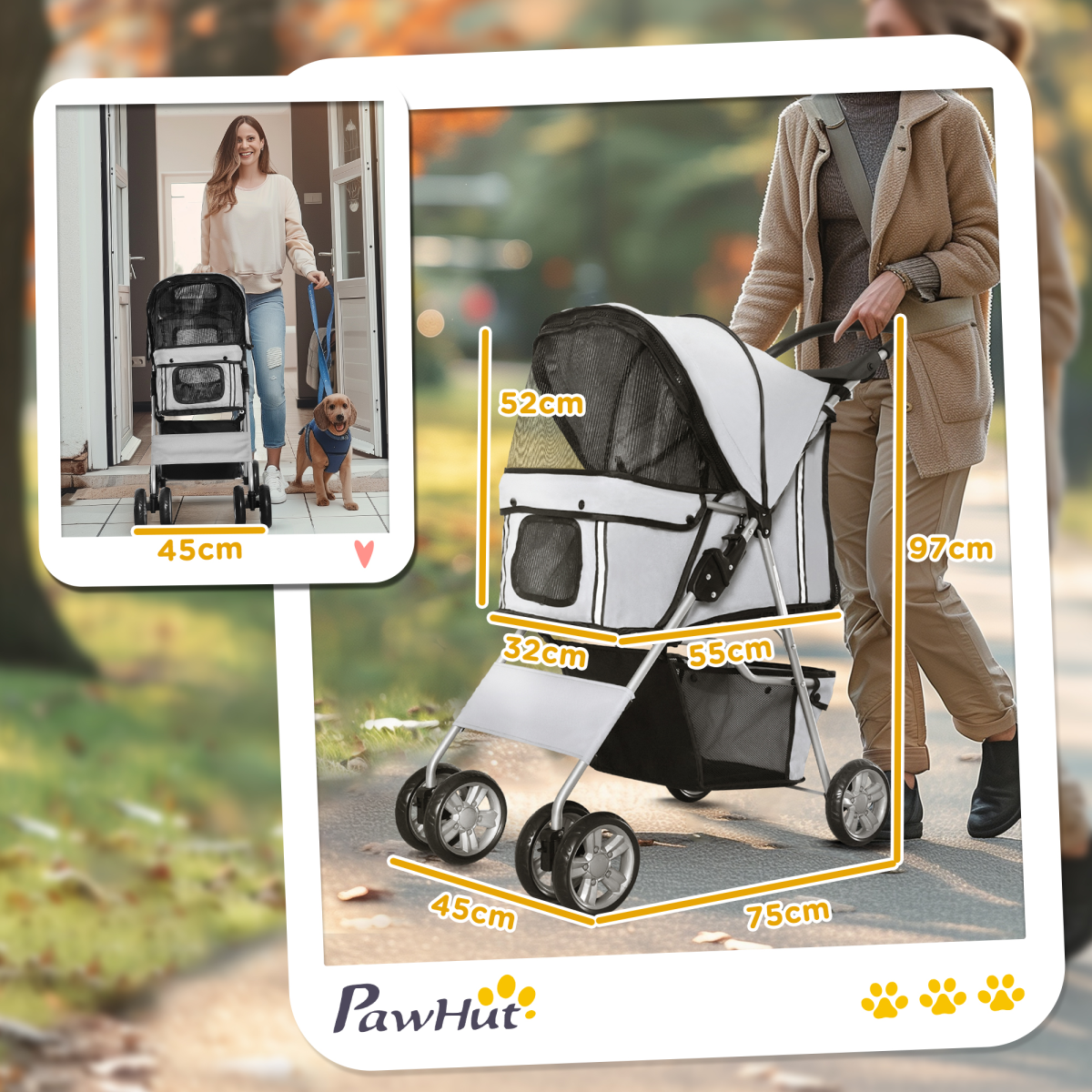 Premium Pet Stroller: Foldable Dog & Cat Carrier with Cup Holder - Grey