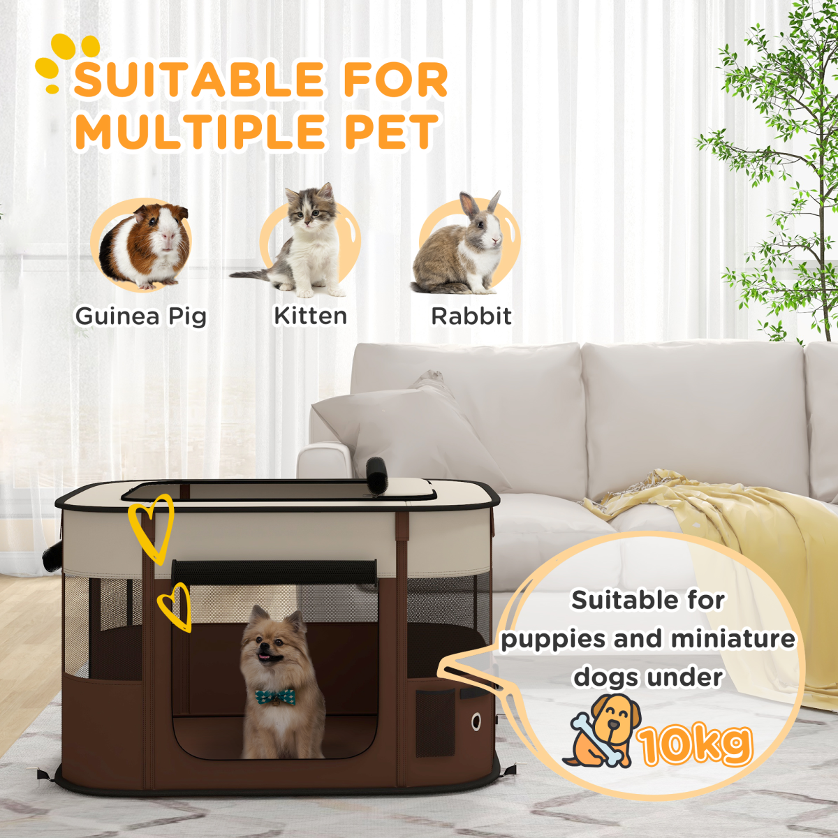 PawHut Portable Pet Playpen for Puppies, Kittens & Small Animals - Brown