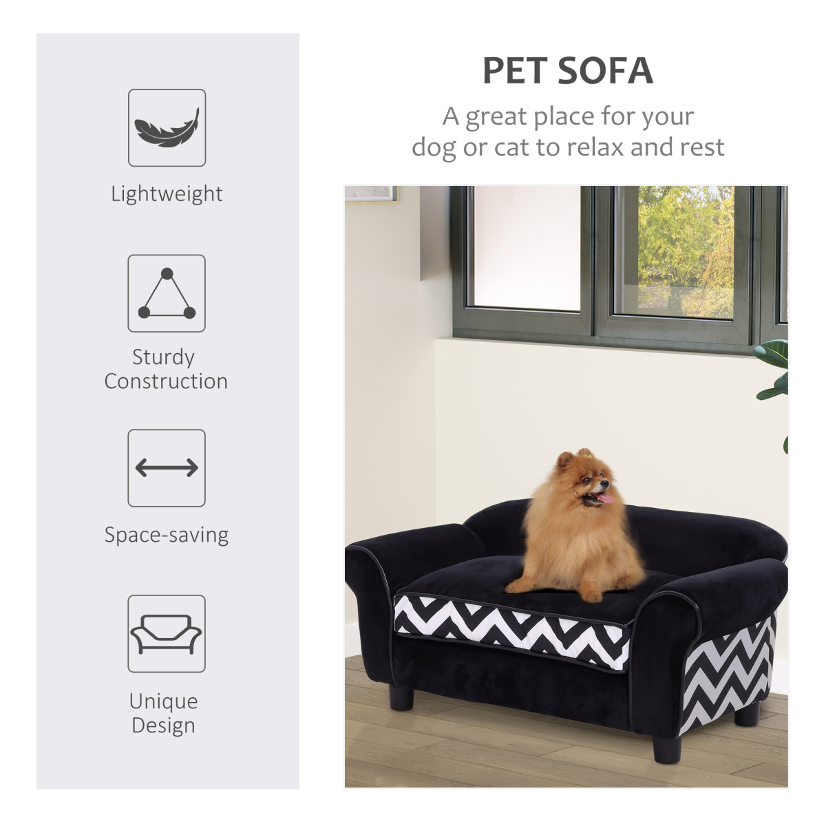 Chic Pet Sofa for XS Dogs & Cats - Removable Cushion, Plush Comfort - Black