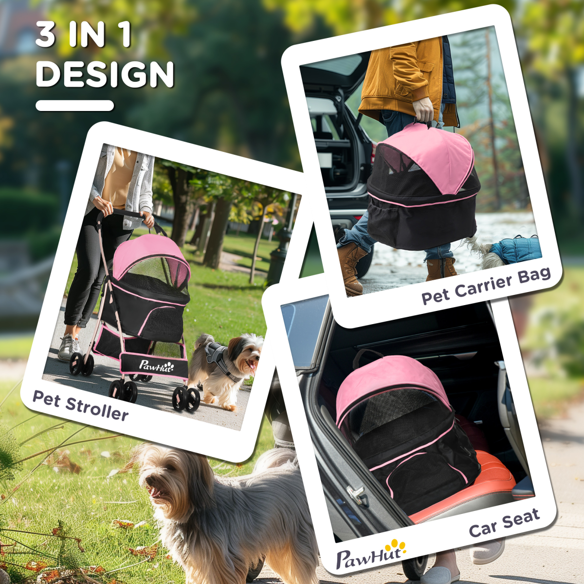 PawHut 3-in-1 Pink Pet Stroller: Travel Carriage for Dogs & Cats