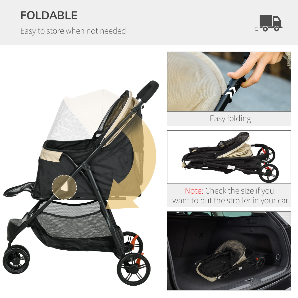 PawHut Khaki Pet Stroller with Rain Cover for Small Dogs & Cats - Adventure Ready!