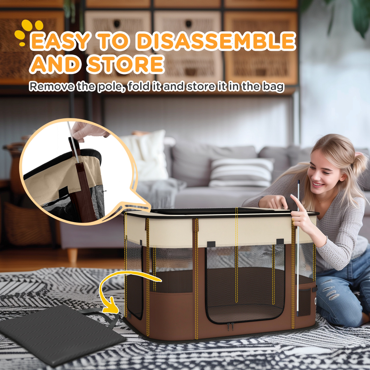 PawHut Portable Pet Playpen for Puppies, Kittens & Small Animals - Brown