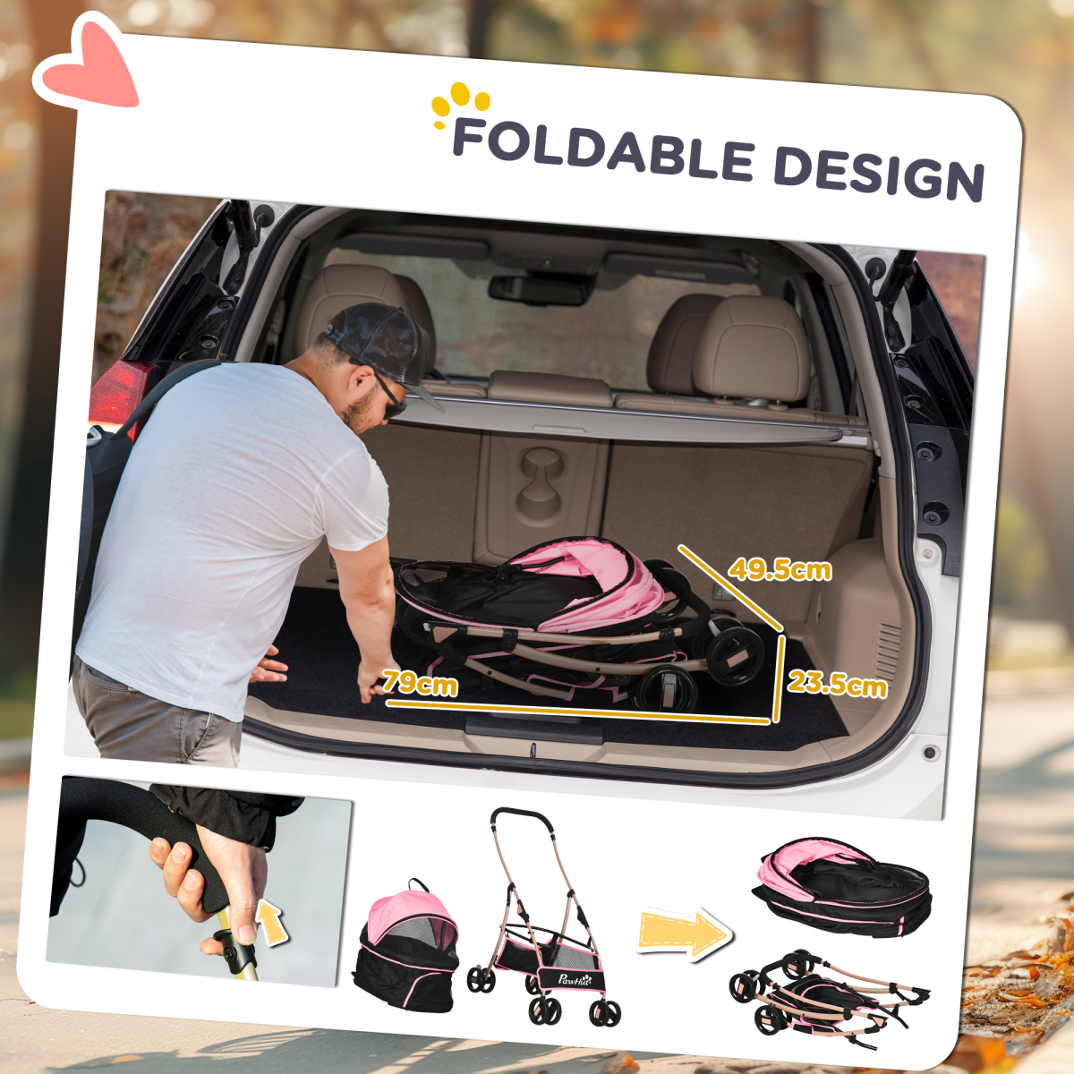 PawHut 3-in-1 Pink Pet Stroller: Travel Carriage for Dogs & Cats
