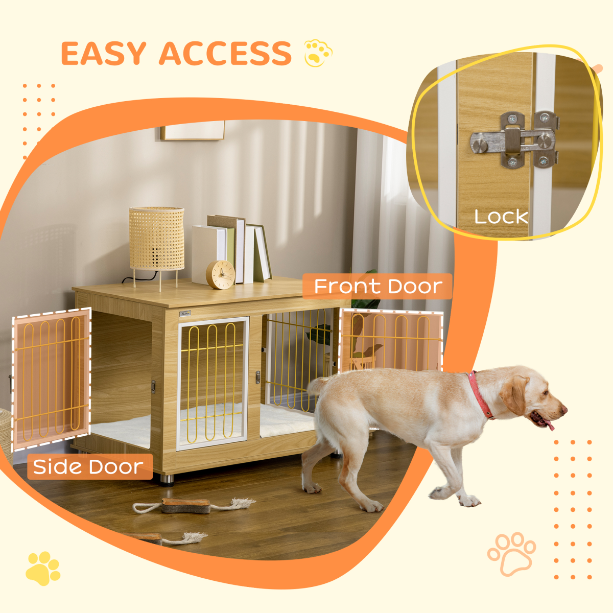 Stylish Dog Crate End Table with Cushion - Elegant Oak Tone, Double Door Design