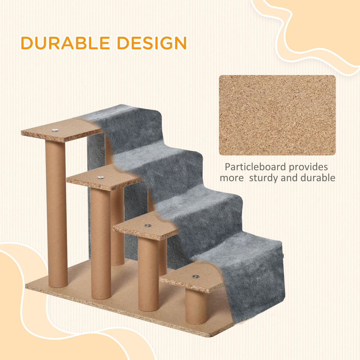 Light Grey Portable Dog Stairs with Washable Plush Cover – Perfect for High Beds!