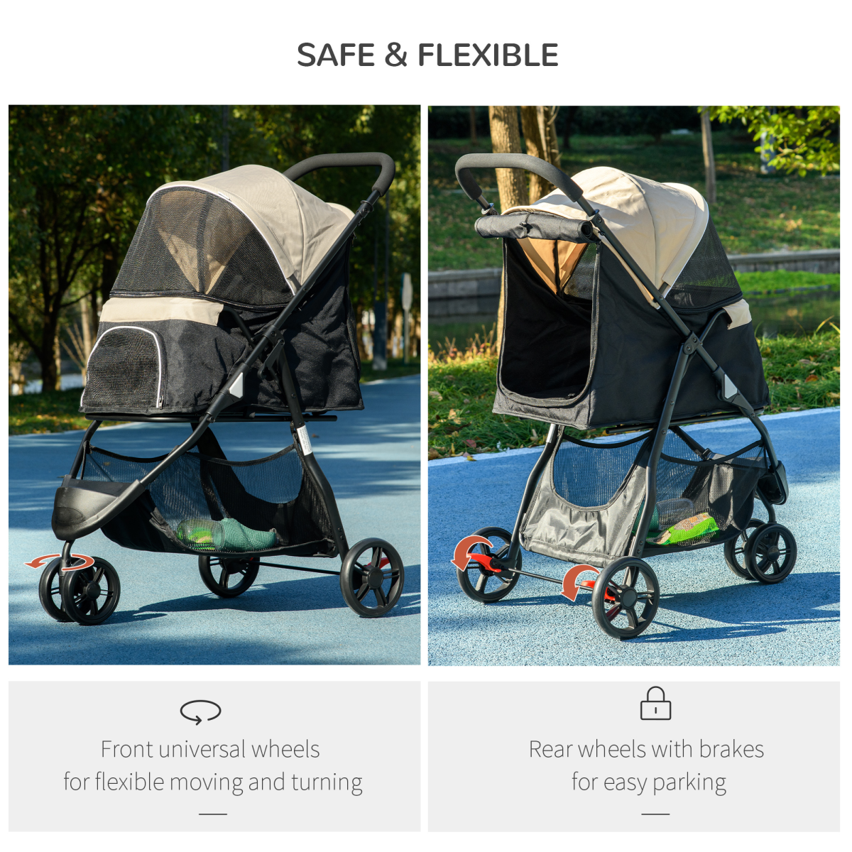 PawHut Khaki Pet Stroller with Rain Cover for Small Dogs & Cats - Adventure Ready!