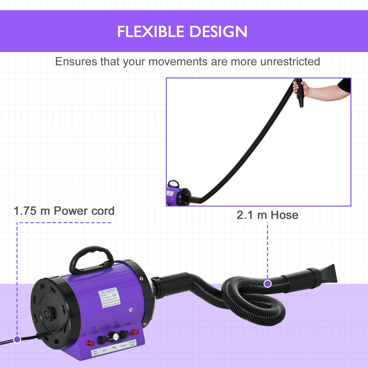 2800W PawHut Pet Hair Dryer - Fast, Adjustable Grooming Blaster with 3 Nozzles