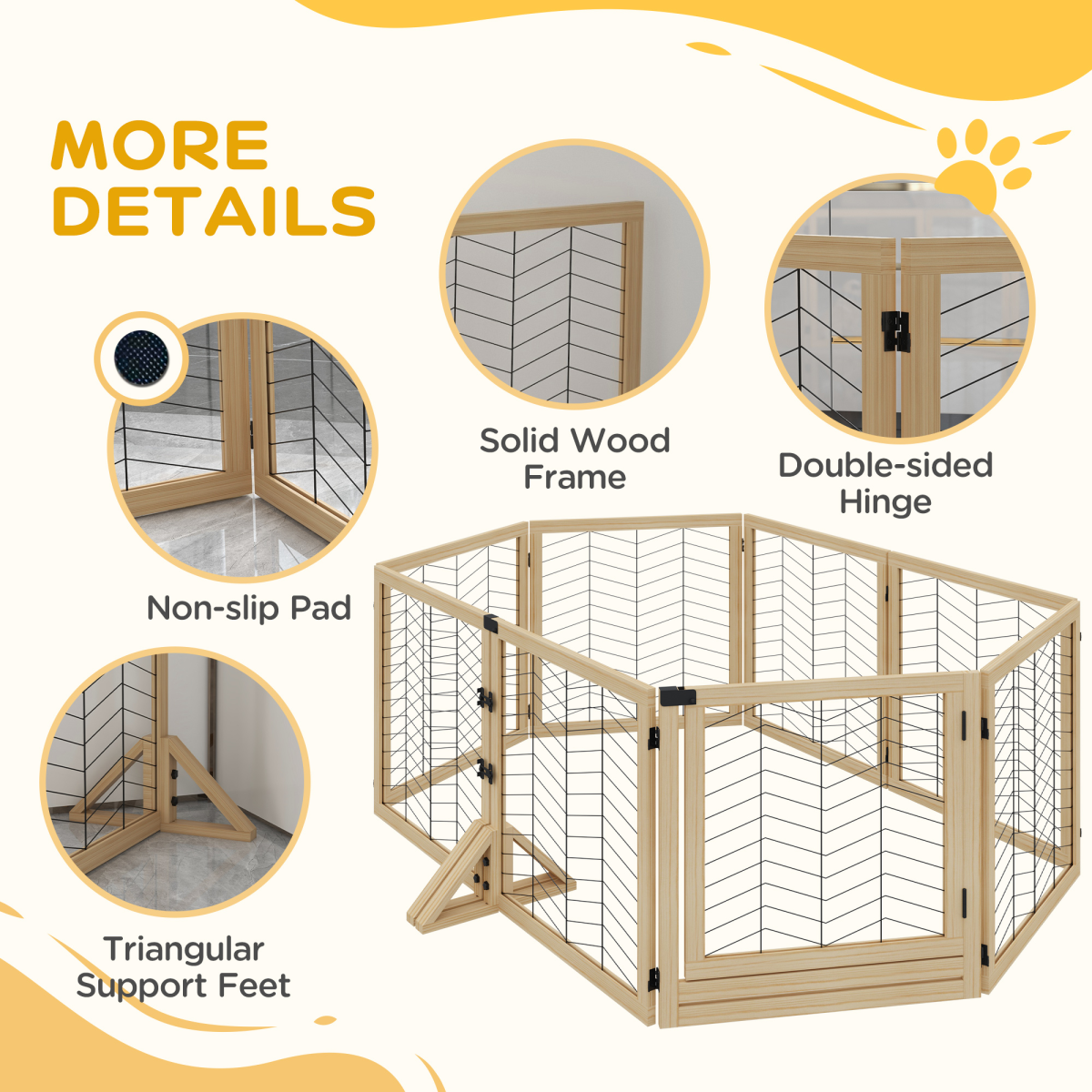 PawHut 8-Panel Stylish Dog Barrier - Natural Wood Safety Gate for Small Dogs