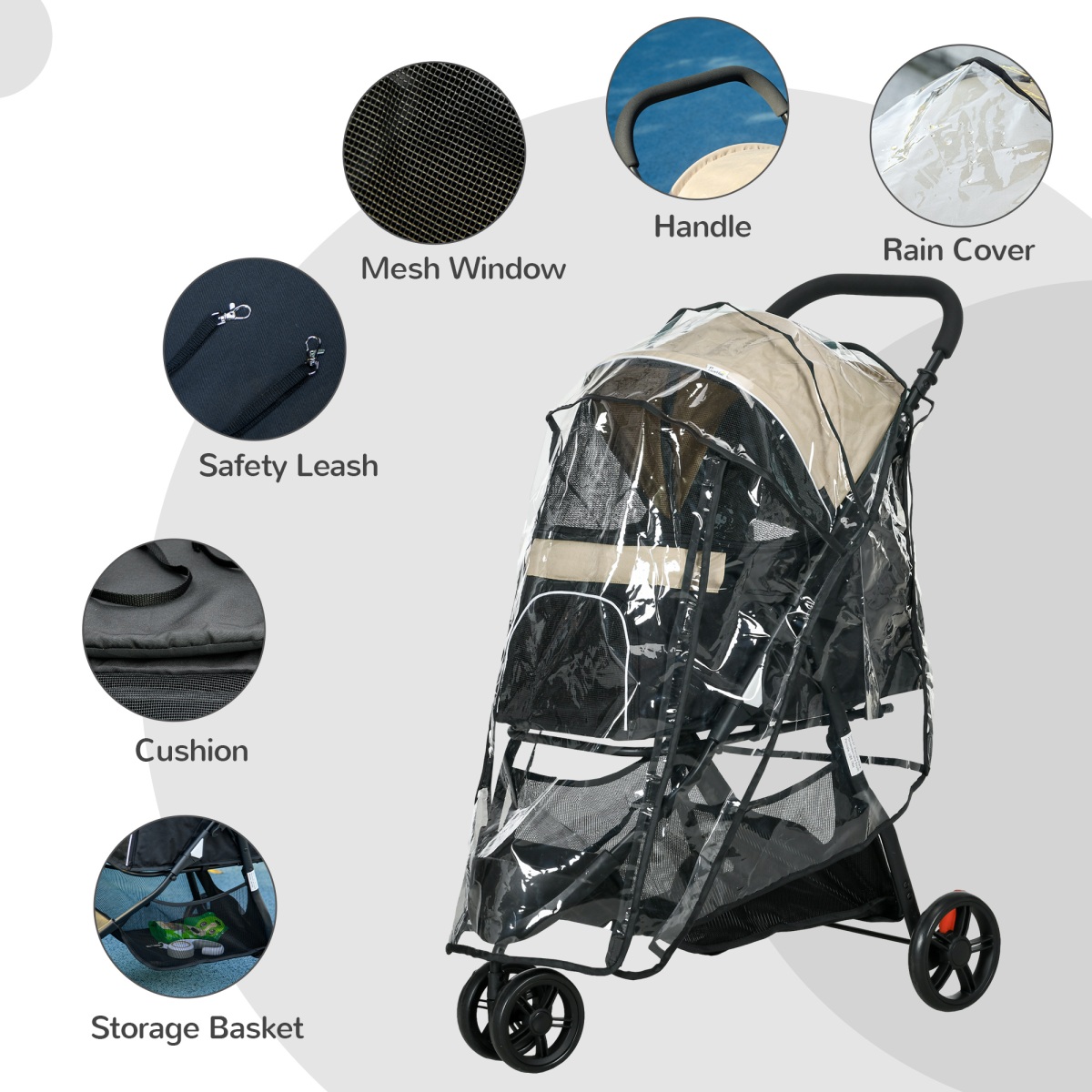 PawHut Khaki Pet Stroller with Rain Cover for Small Dogs & Cats - Adventure Ready!