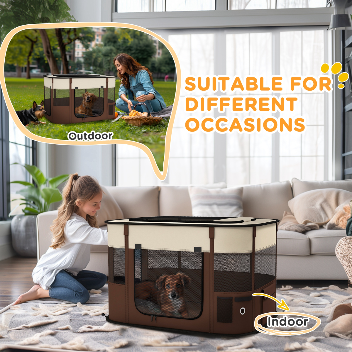 PawHut Portable Pet Playpen for Puppies, Kittens & Small Animals - Brown