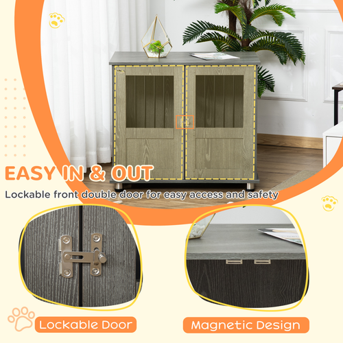 Chic Wooden & Wire Dog Cage: Stylish Kennel with Magnetic Doors & Side Table