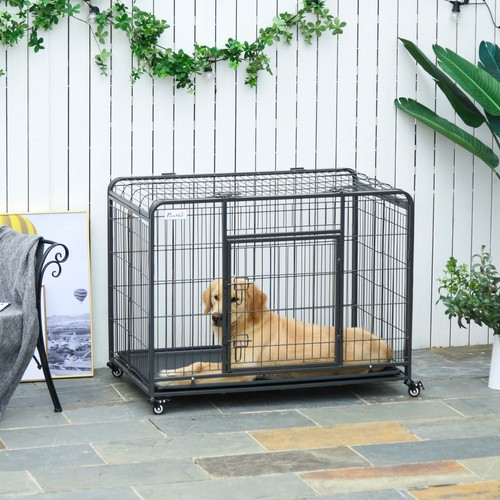 Heavy-Duty 78x109cm Metal Dog Kennel with Locking Door & Easy-Move Wheels