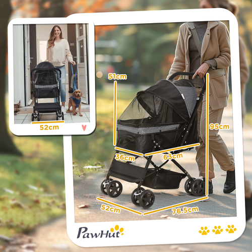 Trendy Foldable Pet Stroller for Dogs & Cats - Reversible Handle, Black