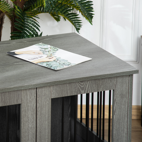 Chic Wooden & Wire Dog Cage: Stylish Kennel with Magnetic Doors & Side Table
