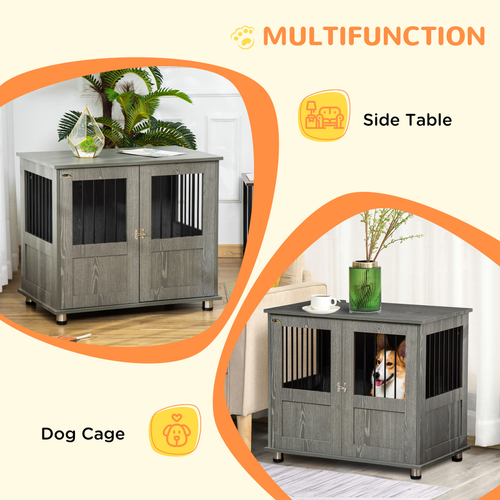 Chic Wooden & Wire Dog Cage: Stylish Kennel with Magnetic Doors & Side Table
