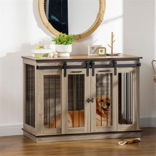 Versatile Dog Crate & Room Divider with Oak Finish and Lockable Doors