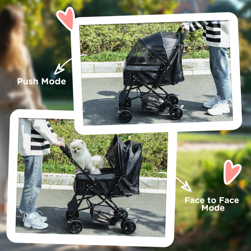 Trendy Foldable Pet Stroller for Dogs & Cats - Reversible Handle, Black