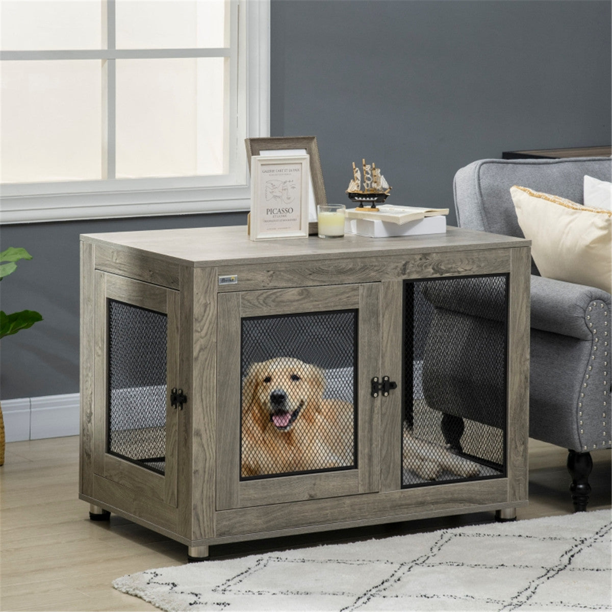 Versatile Dog Crate & Nightstand Combo with Soft Cushion and Ventilated Design