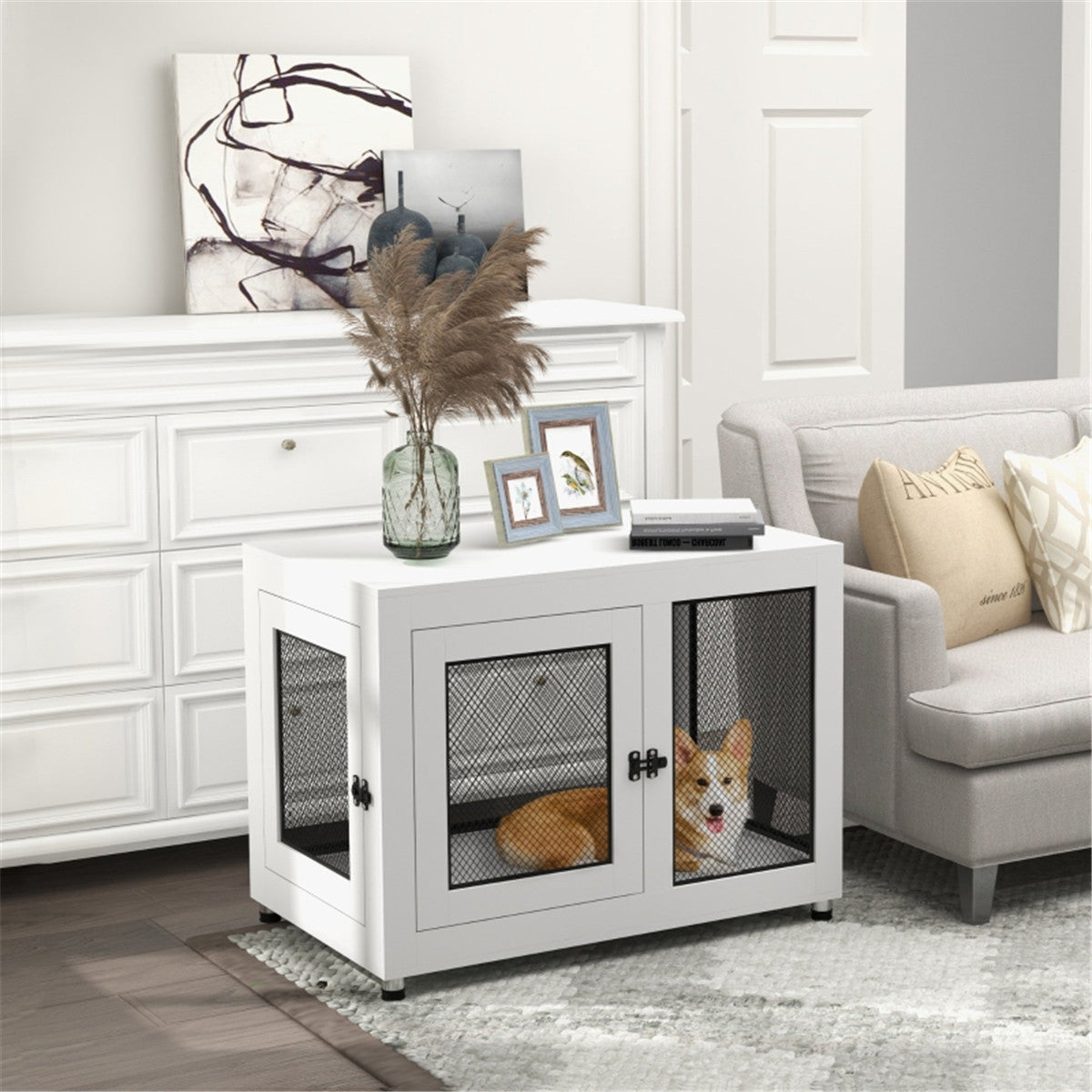 Stylish Dual-Function Dog Crate & Nightstand with Soft Cushion - Large Pets