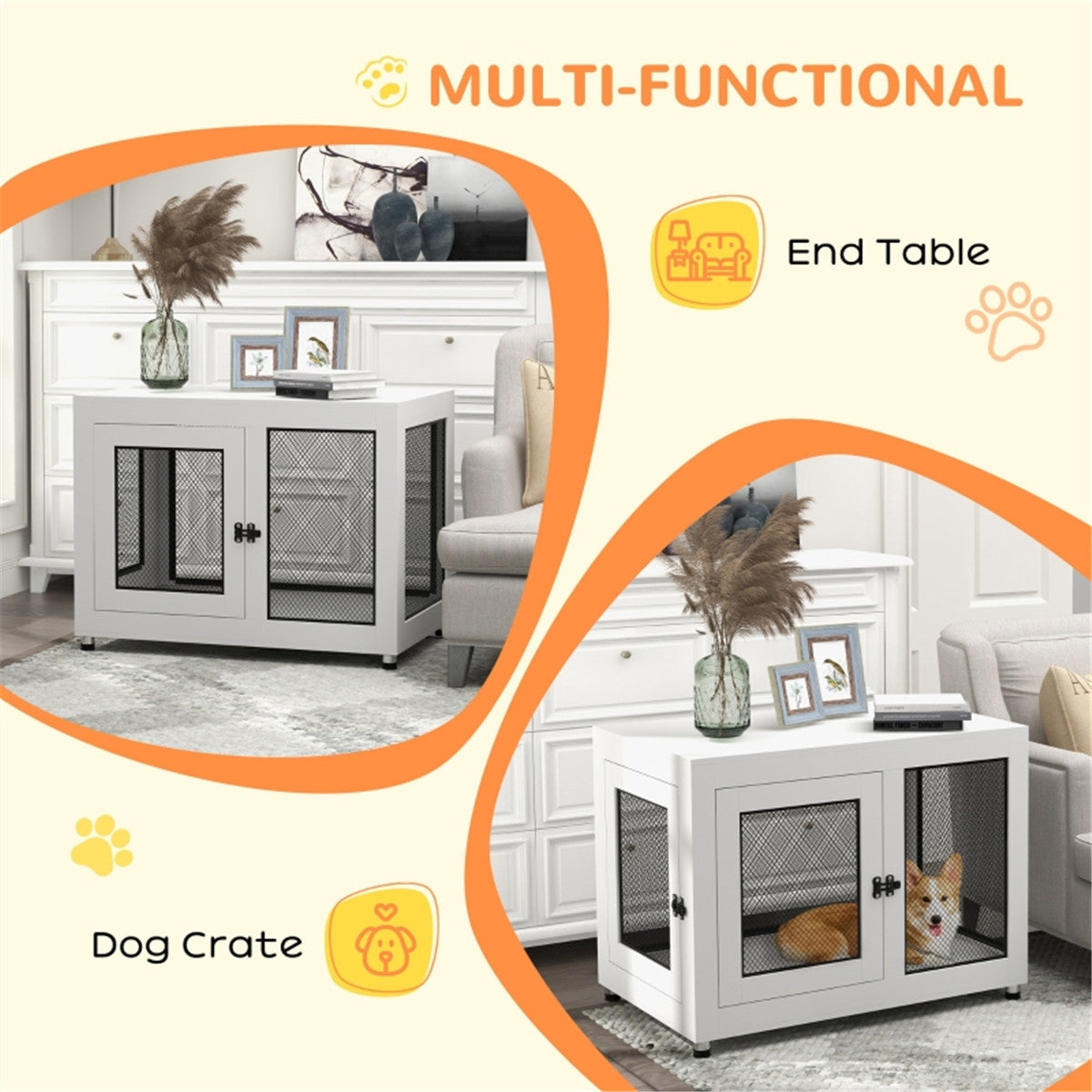 Stylish Dual-Function Dog Crate & Nightstand with Soft Cushion - Large Pets