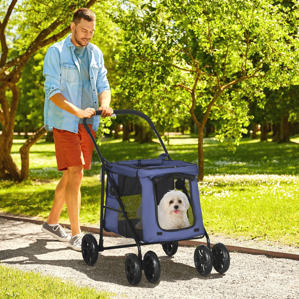 PawHut Compact Pet Stroller - One-Click Foldable, Cozy & Ventilated - Blue
