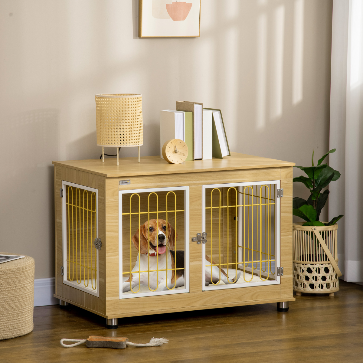 Stylish Dog Crate End Table with Cushion - Elegant Oak Tone, Double Door Design