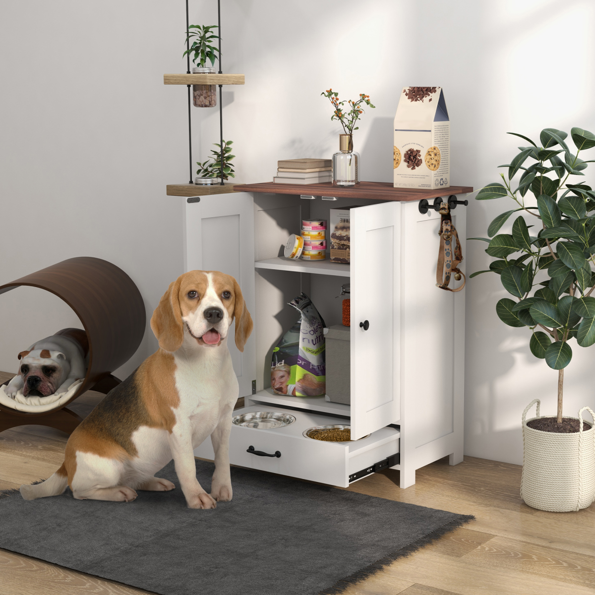 PawHut Stylish Dog Feeding Station with Storage & Adjustable Bowls