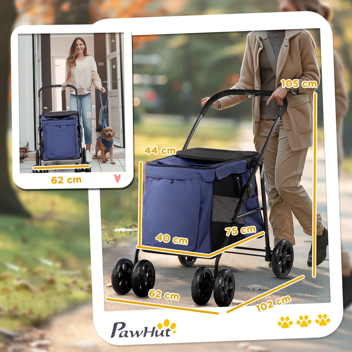 PawHut Compact Pet Stroller - One-Click Foldable, Cozy & Ventilated - Blue