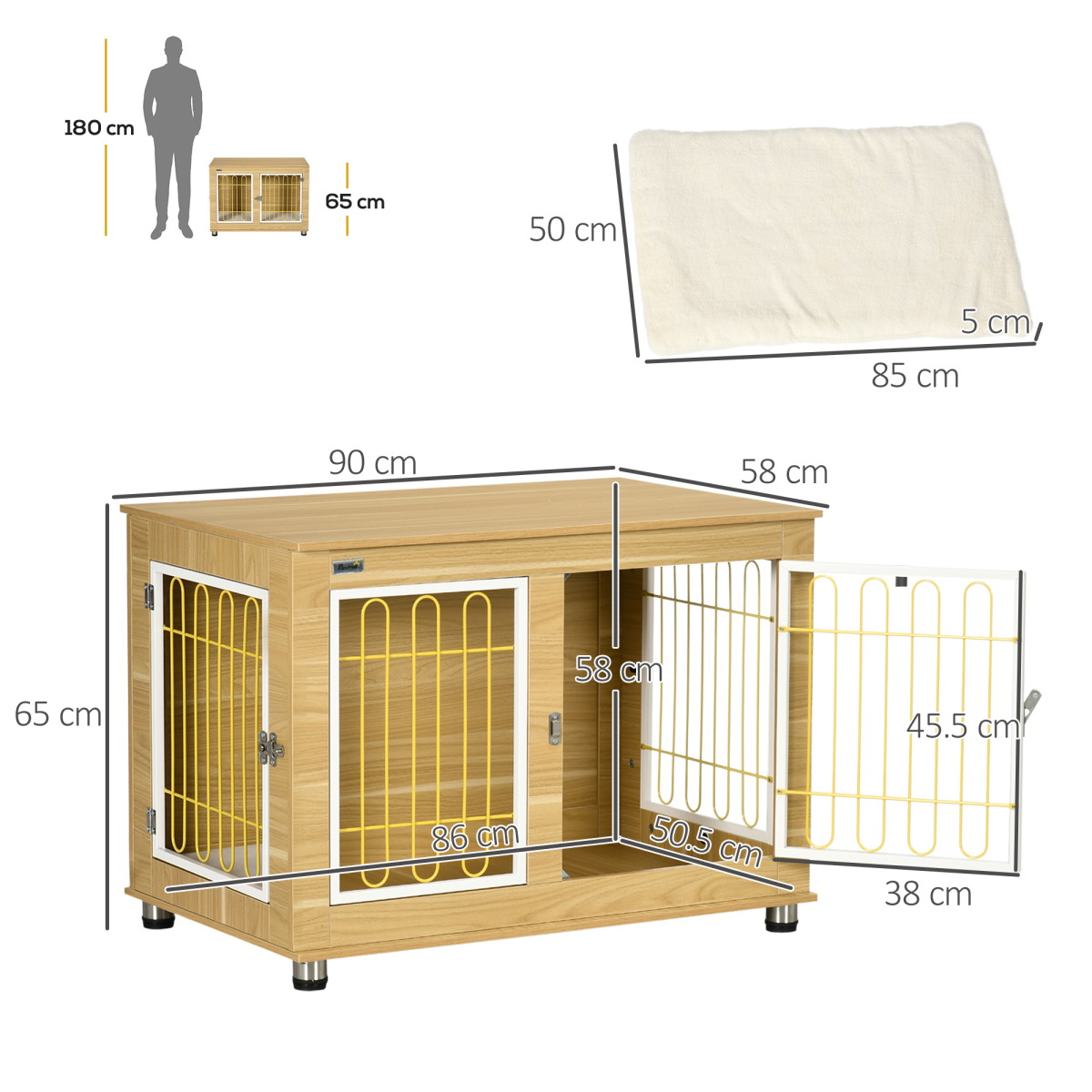 Stylish Dog Crate End Table with Cushion - Elegant Oak Tone, Double Door Design