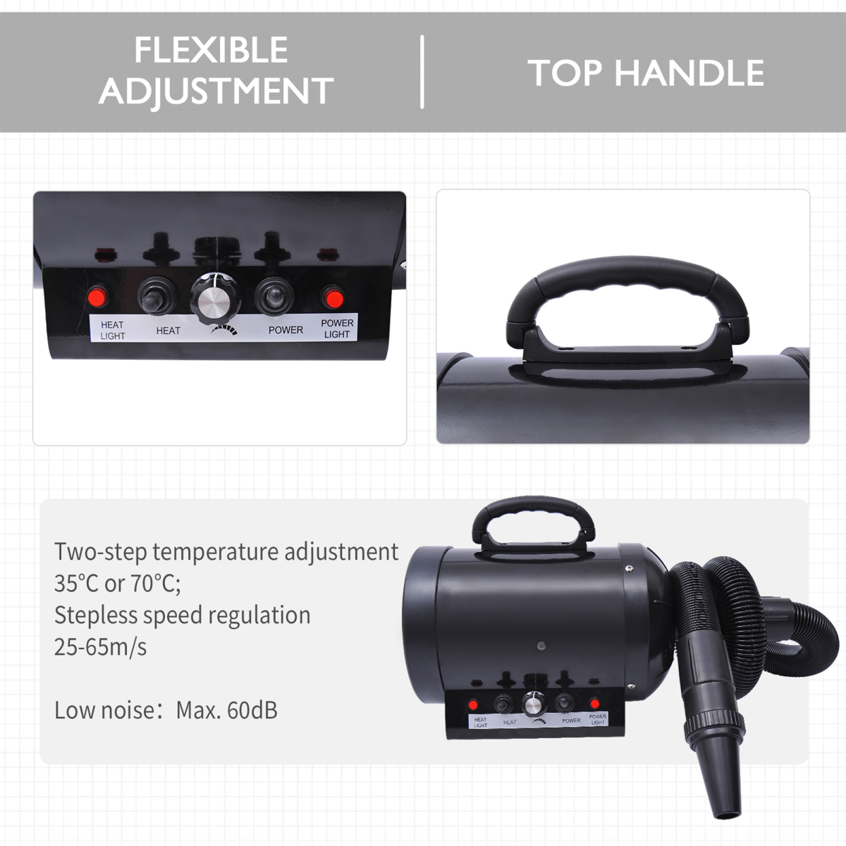 High-Power 2800W Pet Hair Dryer with 3 Nozzles - PawHut Grooming Blaster