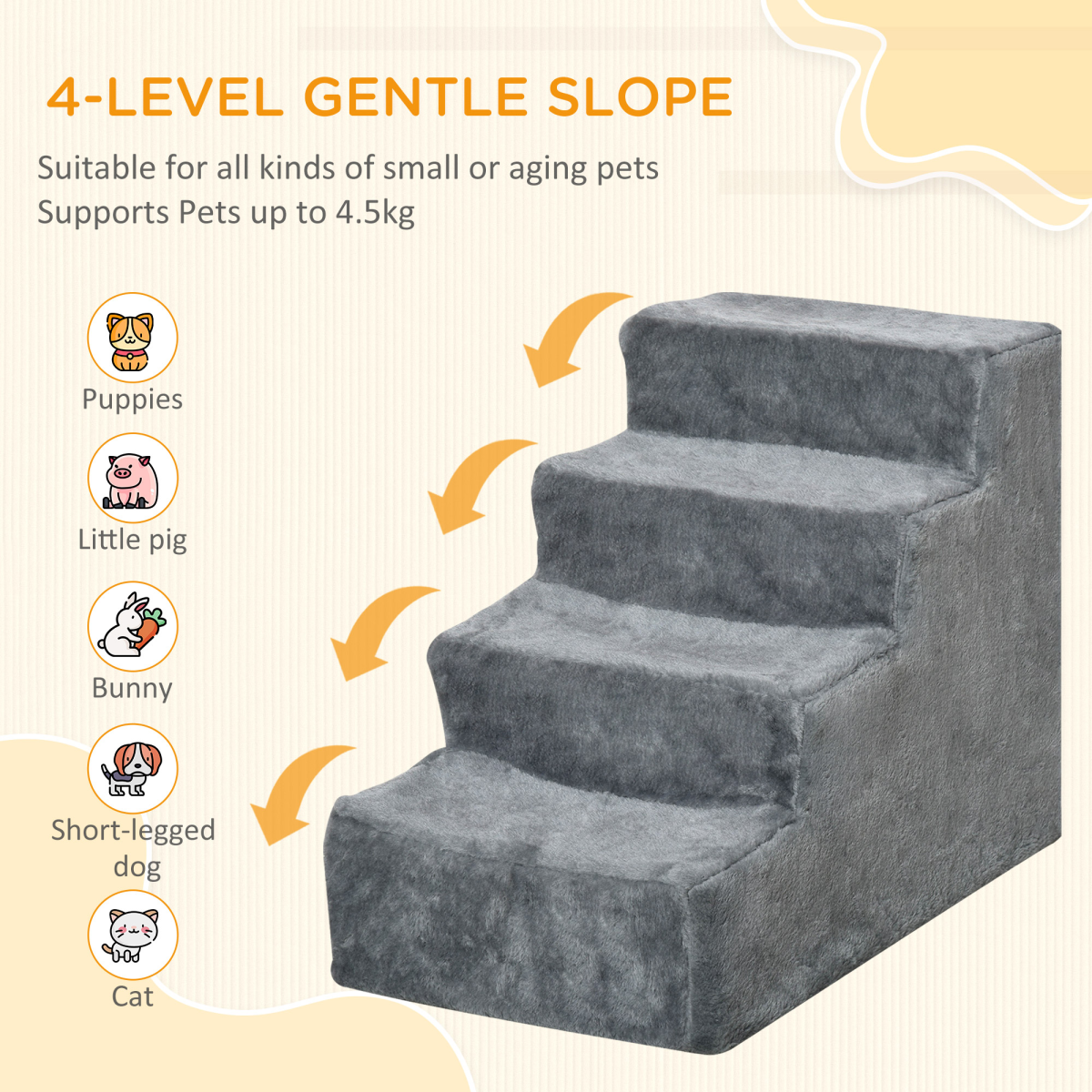 Light Grey Portable Dog Stairs with Washable Plush Cover – Perfect for High Beds!