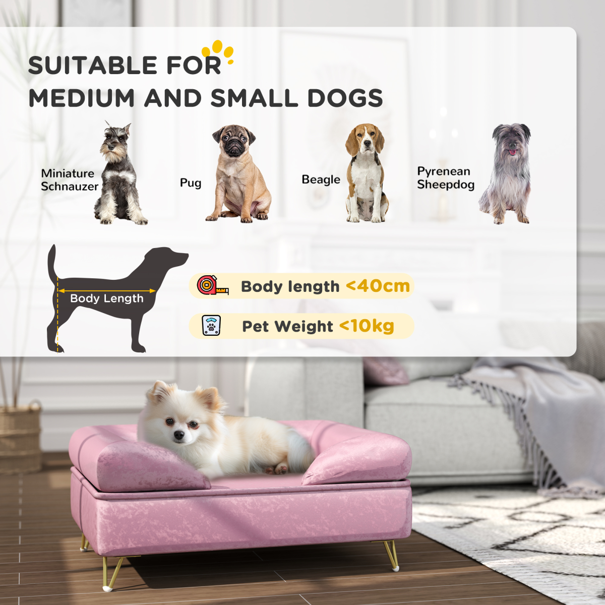 PawHut Pink Dog Sofa - Luxurious Washable Couch with Removable Backrest