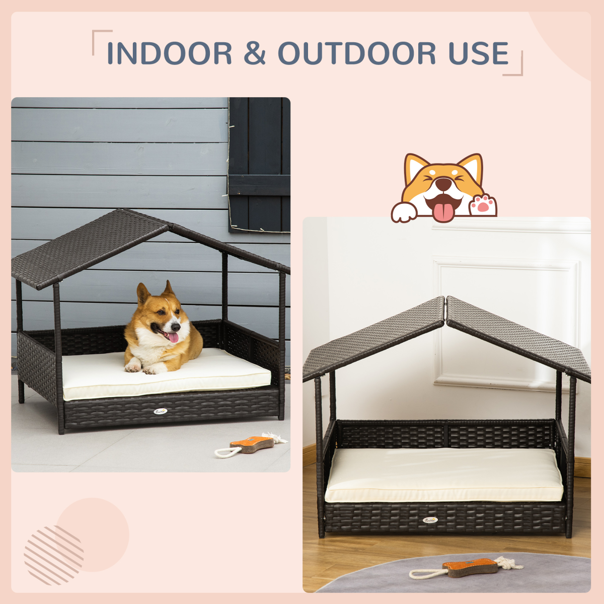PawHut Cozy Wicker Pet Bed: Stylish Canopy Dog House with Soft Cushion