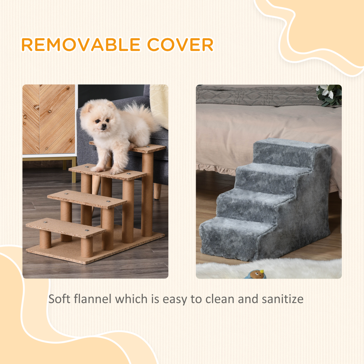 Light Grey Portable Dog Stairs with Washable Plush Cover – Perfect for High Beds!