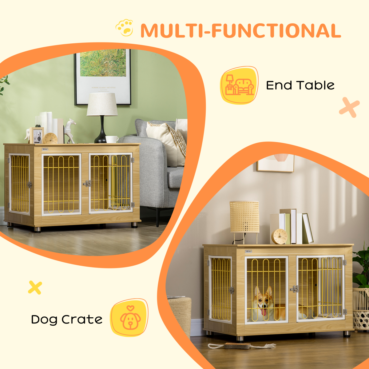 Stylish Dog Crate End Table with Cushion - Elegant Oak Tone, Double Door Design