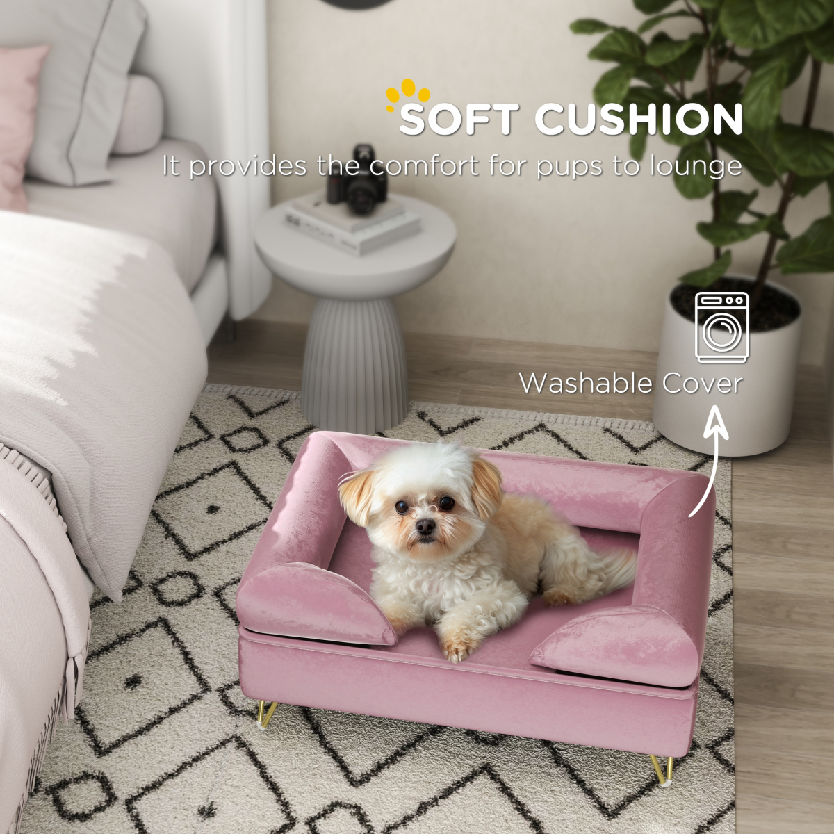 PawHut Pink Dog Sofa - Luxurious Washable Couch with Removable Backrest