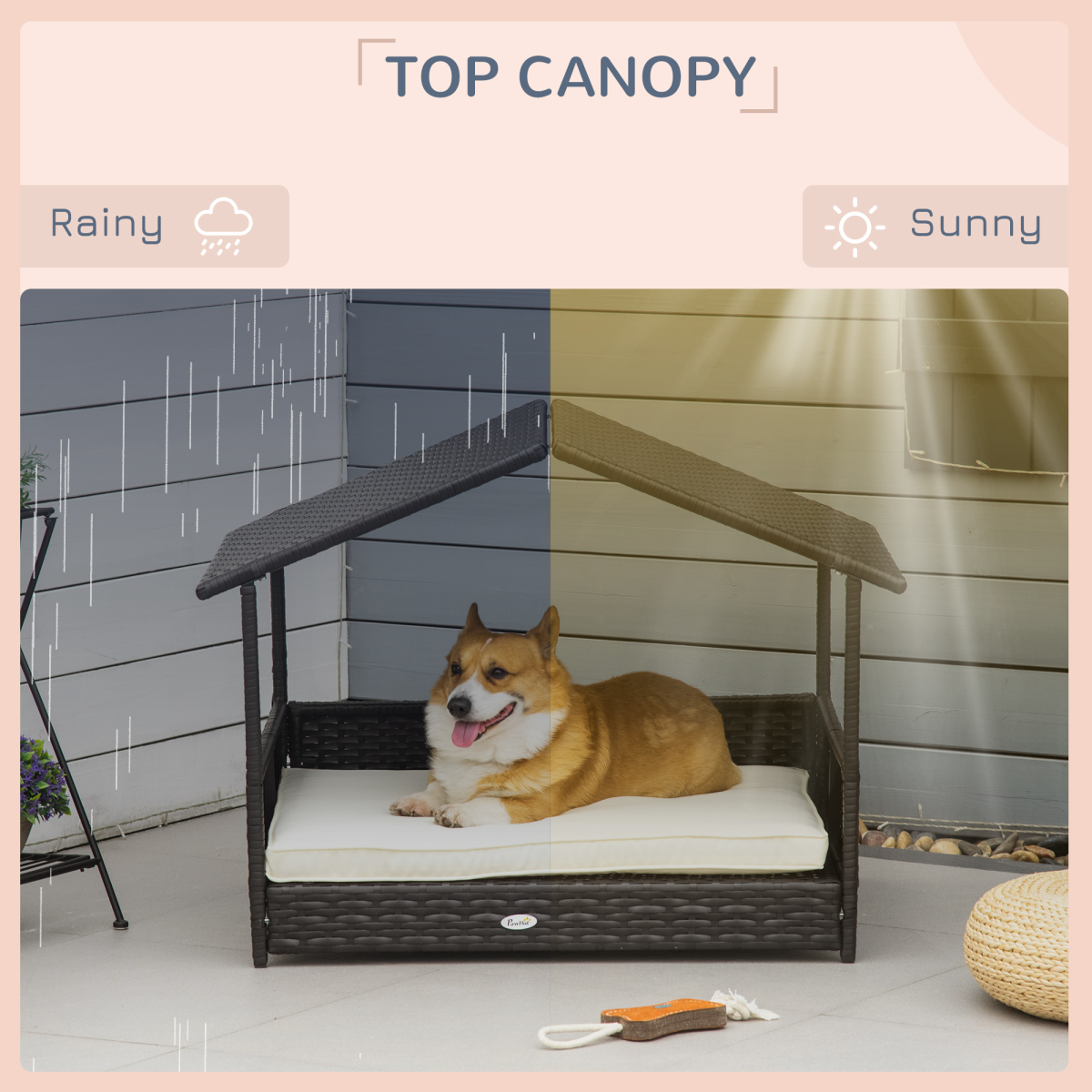 PawHut Cozy Wicker Pet Bed: Stylish Canopy Dog House with Soft Cushion