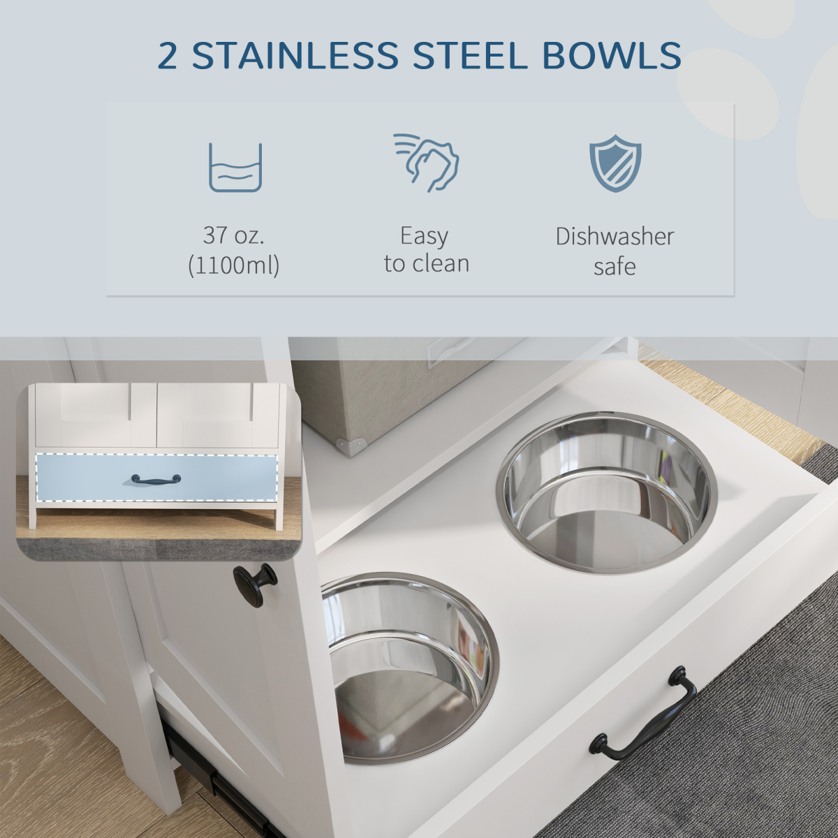 PawHut Stylish Dog Feeding Station with Storage & Adjustable Bowls