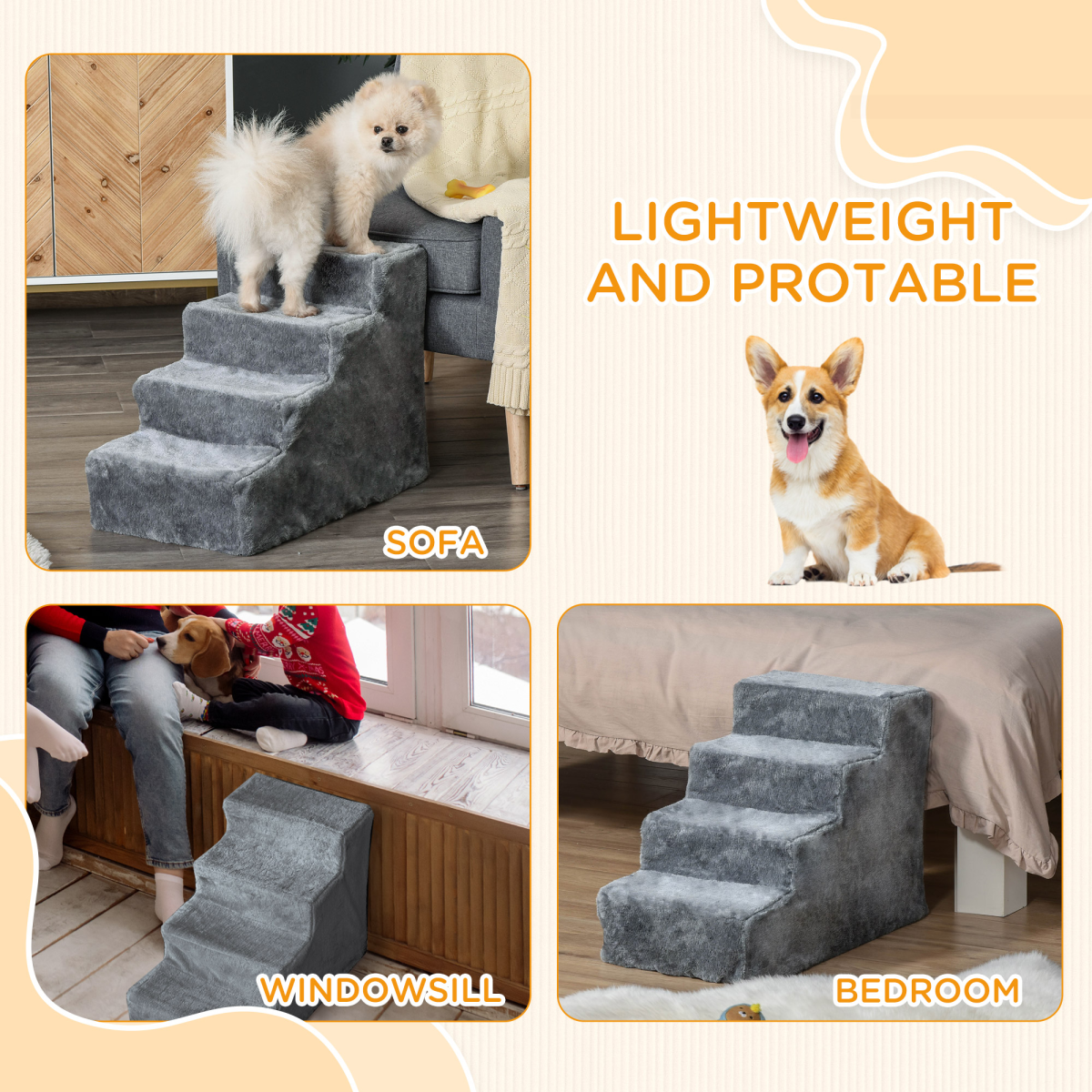 Light Grey Portable Dog Stairs with Washable Plush Cover – Perfect for High Beds!