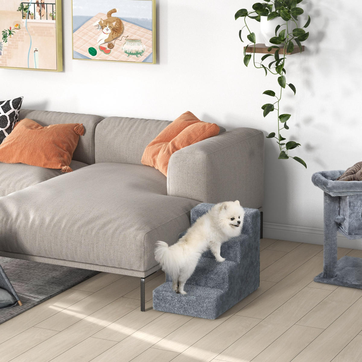 Light Grey Portable Dog Stairs with Washable Plush Cover – Perfect for High Beds!
