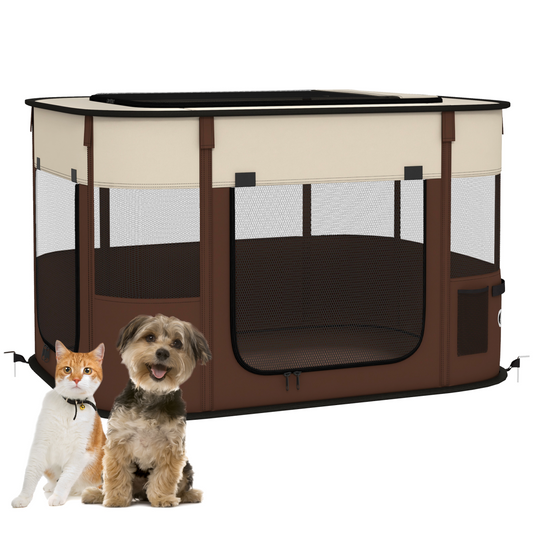 PawHut Portable Pet Playpen for Puppies, Kittens & Small Animals - Brown