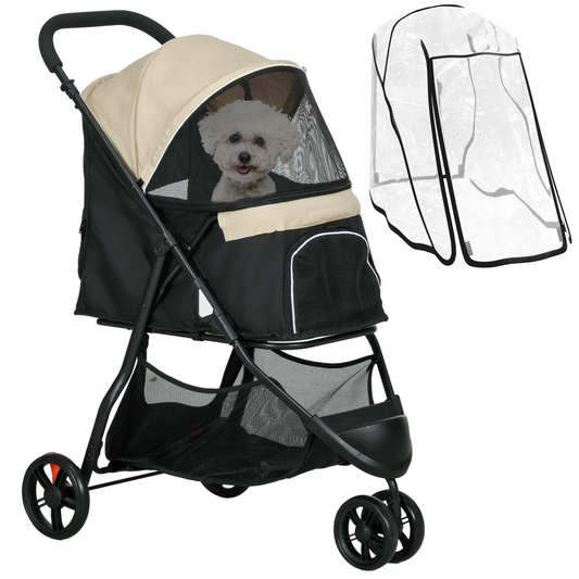 PawHut Khaki Pet Stroller with Rain Cover for Small Dogs & Cats - Adventure Ready!